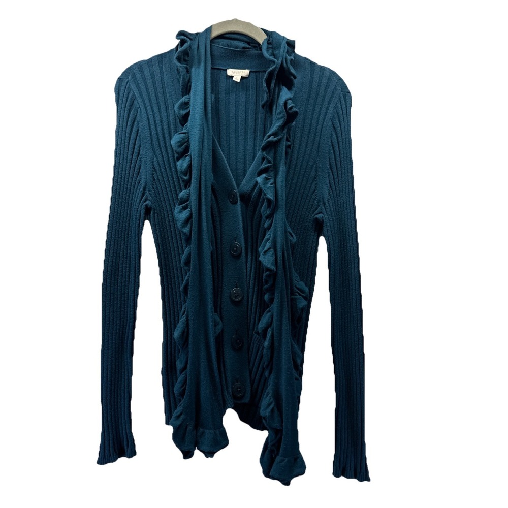 Talbots Womens Sweater Cardigan Sz L Ribbed Solid Teal Buttons Ruffle Neck Scarf